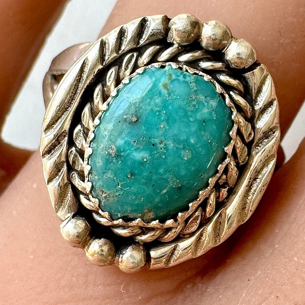 Navajo Turquoise Ring Sz 9 Sterling Begay Native American Tooled Rope Bezel